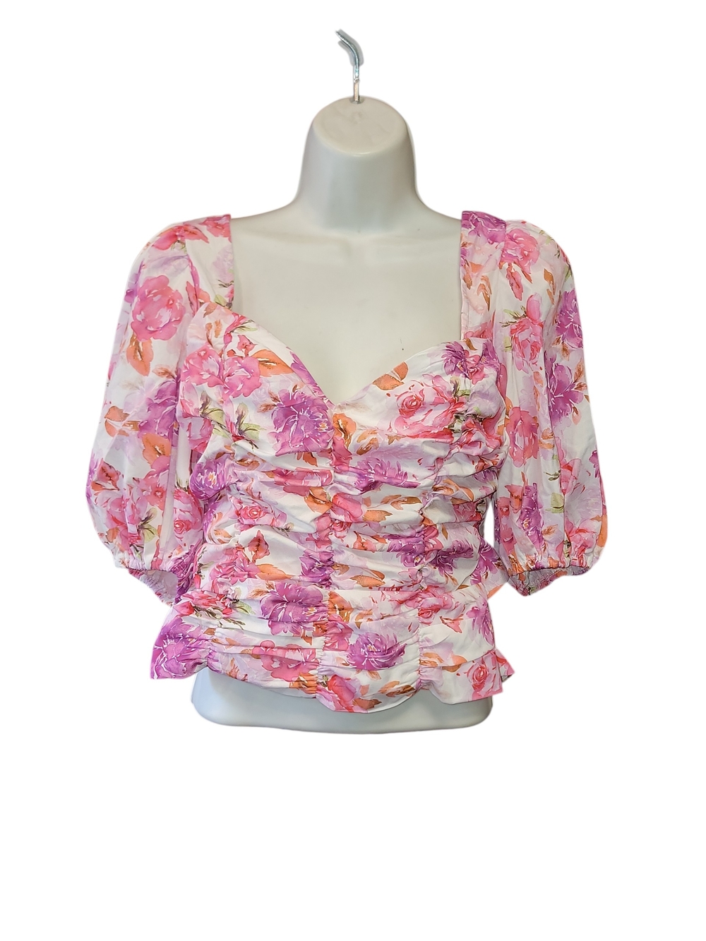 Fashion Nova Pink Floral Ruched Puff Sleeve Blouse